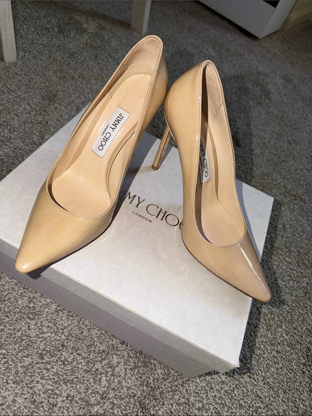 Jimmy Choo Beige Patent Leather Pointed-Toe Stiletto Pumps